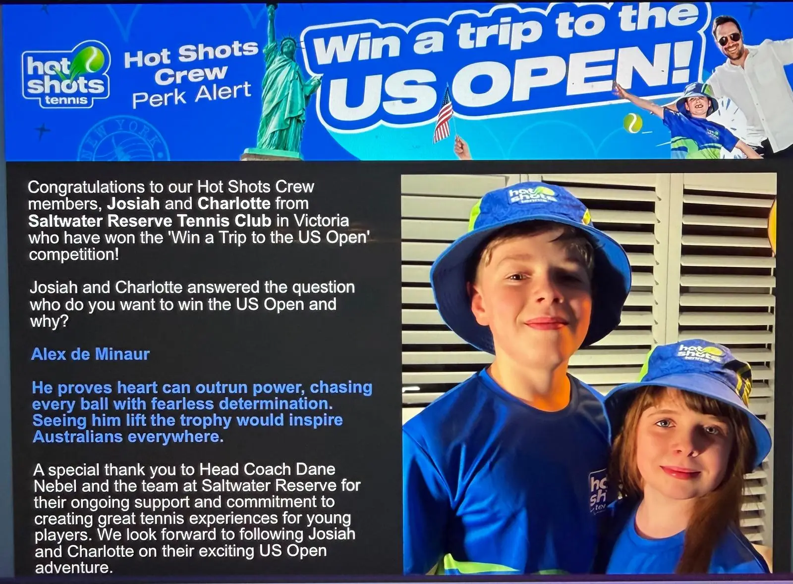 Hot Shots Crew competition announcement featuring Saltwater Reserve players Josiah and Charlotte